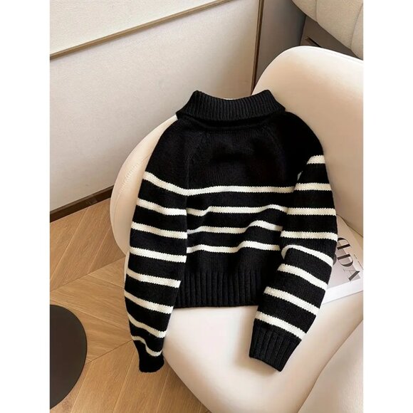 Striped Color Block Collared Half-Zip Knit Sweater - Picture 2 of 5